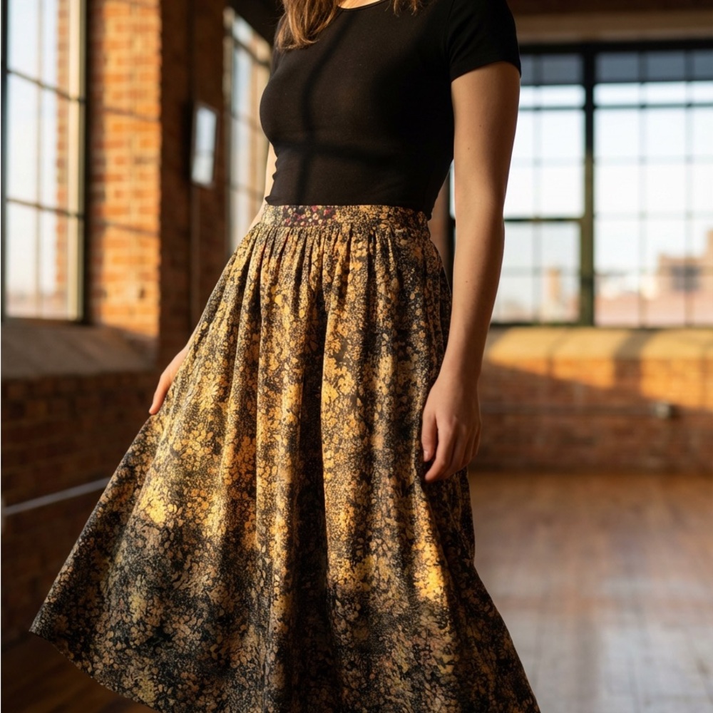Whimsigoth Floral Patterned Skirt - Black and Gold